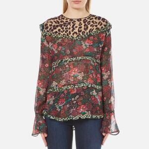 NWOT SCOTCH & SODA Blouse 2 Multicolor Leopard-Floral Ruffle Flared-Long-Sleeve